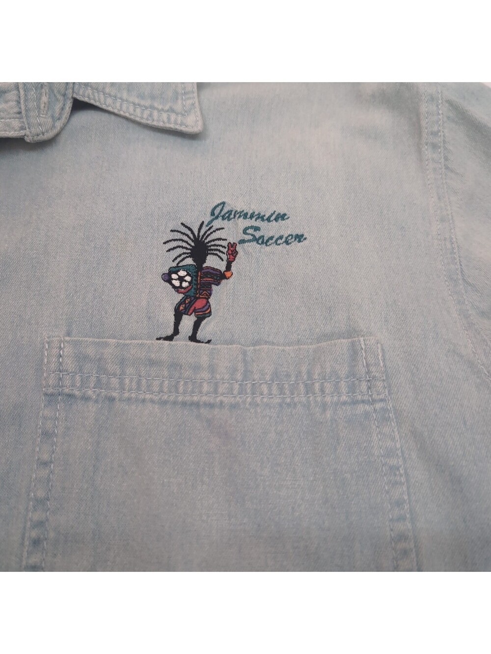 Insane Vintage 80s Cryk Chambray Shirt Mens L Long Sleeve Rasta Jammin Soccer - Picture 7 of 16